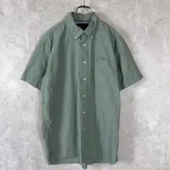 【L】TOMMY HILFIGER 半袖 ストライプボタンダウンシャツ グリーンのサムネイル