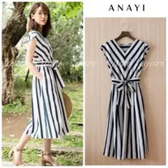 【390】アナイ　ビスコースストライプVネックワンピース　青 38 B