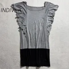INDIVI/フリル袖/バイカラー/フレンチスリーブ/切替/38/グレー×黒