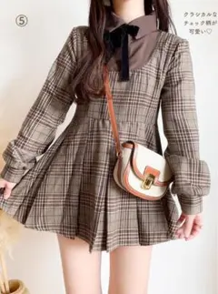 リボン付きシャツドッキングチェック柄プリーツミニワンピース[tu1890]