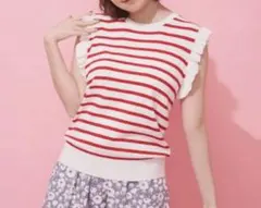 メルロー フリル付きノースリーブニット 白赤ストライプのサムネイル