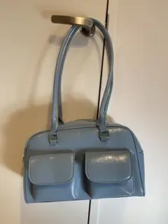 水色トートバッグ 外ポケット付き