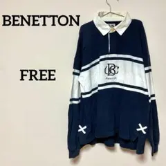 BENETTON ラガーシャツ ボーダー ネイビー ホワイト ロゴ刺繍 古着
