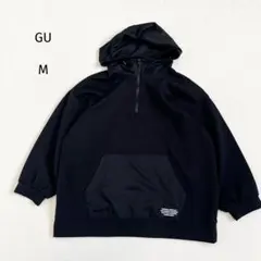 GU 長袖ハーフジップ パーカー フード付き 黒 L カンガルーポケット