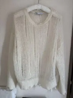 ZARA クラッシュ　ダメージ　ニット　アイボリー オープンニットセーター　M