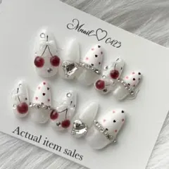 現品販売✳︎ ラメフレンチ白キラキラぷっくりさくらんぼ3dネイルハート韓国ドット