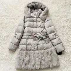 Aラインダウンコート ファー付 リボンベルト付 グレージュ/ライトグレー