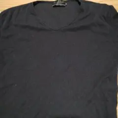 黒いリブ編みVネックTシャツ M