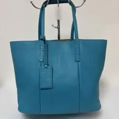 良品】ヒロフ トートバッグ ロシェ シボ革 レザー ブルー系 肩がけ可