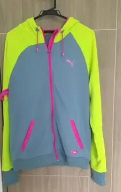 Puma フルジップフーディ グレー/ネオンイエロー/ピンク 上下 セットアップ