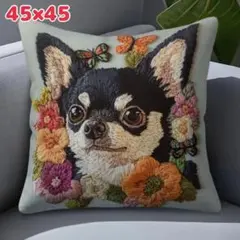 刺繍風クッションカバー チワワ 犬 可愛い 立体デザイン 北欧風 インテリア