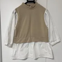 ベージュ/ホワイト ハイネックシャツ M