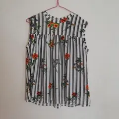 ストライプ花柄ノースリーブチュニック M