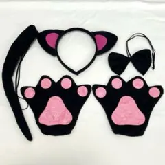 キッズ　猫耳カチューシャ 肉球手袋 しっぽ 蝶ネクタイ4点セット