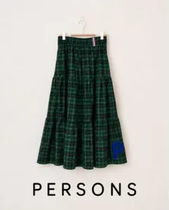 PERSONS チェック柄 ティアードロングスカート Pアップリケ S 緑のサムネイル