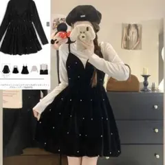 ビジューベロアキャミソールミニワンピース×ボトルネックトップスセットアップ