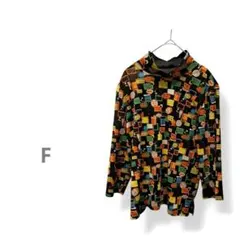 マルチカラー ハイネックカットソー 透け感 ストレッチ 七分袖 総柄 日本製