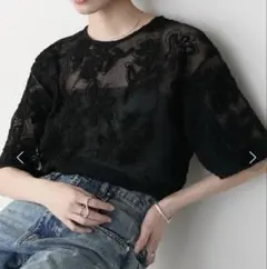forksy. フラワーコードデザイン メッシュ半袖Tシャツ 黒ブラックのサムネイル