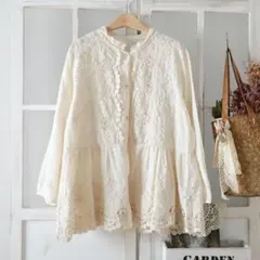 綿コットン長袖シャツ貼りレース刺繍アイボリー