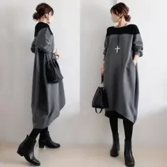 ロングワンピース コクーン 配色 ミモレ丈 グレー ブラック 体型カバー B10