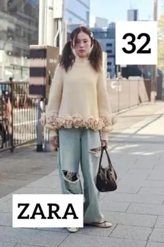 ZARA TRF ミッドライズ折り返しウエストデニムパンツ 32