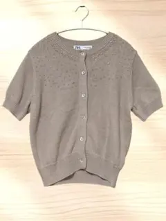 ZARA ビーズ、ビジュー装飾 半袖カーディガン ♡ベージュ系Mサイズ