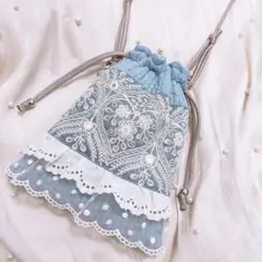 ハンドメイド バッグチャーム44インド刺繍ポーチ巾着花柄フリルカゴ
