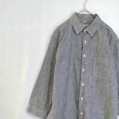 メンズ七分袖シャツ　ストライプ　M　French Linen Mix　麻混のサムネイル