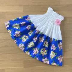 ケイキ☆子ども☆切替パウスカート☆フラダンス☆ハワイアン☆オフホワイト×ブルー