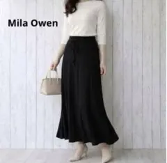 Mila Owen リブフレアロングスカート 黒 M 紐ベルト付き マキシ丈