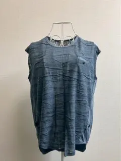 チュニック カットソー　ノースリーブ　メッシュ　ブルー ボタン フリーサイズ