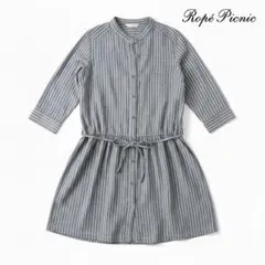 ロペピクニック ストライプ柄 バンドカラー ワンピース 38 グレー系 リボン付