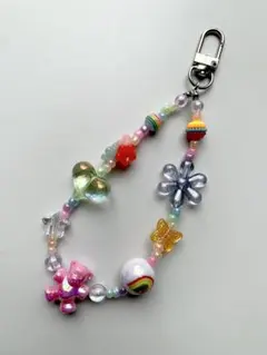 ビーズストラップ　キーホルダー　くま　虹　金具を紐ストラップに交換無料！