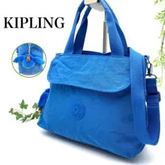 【美品】KIPLING 2WAY トートバッグ ブルー チャーム付