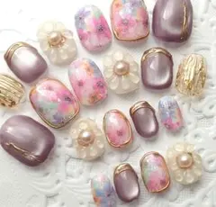 ネイルチップ ぷっくりお花/フラワー/花柄/卒業式/入学式 フルサイズ b921