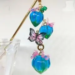 付替かんざしの飾りのみ【簪棒別売】幻想的な水色×緑の鬼灯＆可憐な薄紅蝶　コスプレ