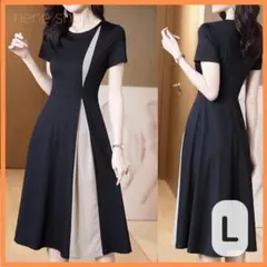 エレガント シフォン ワンピース ドレス フォーマル 黒 ブラック 細見え L