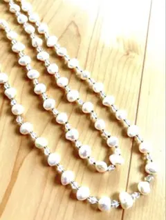 パール&クリスタルの超ロングネックレス（淡水真珠 120cm 2連 ネックレス）