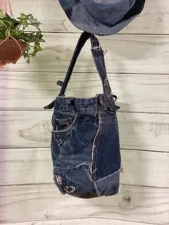 展示品リメイクデニムバッグ 渋ブルー和柄パッチbag-0004
