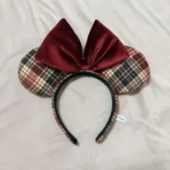 ミニーマウス風カチューシャ チェック柄 赤リボン