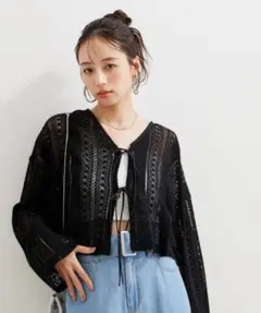 VIS 透かし編みカーディガン ブラック リボン ショート丈 シアー 羽織り