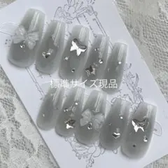 【ネイルチップ現品】チーク推しワンホンy2k秋ブラックリボンバレリーナグレー灰色