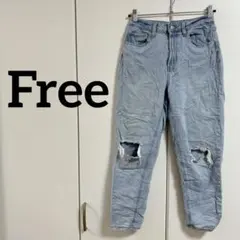 ダメージデニム ライトブルーストレート ジーンズ【F】ハイウエスト ジーパン