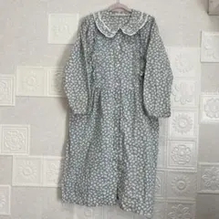 古着 水色 花柄 フリル襟 ロングワンピース