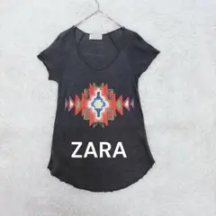 ザラコレクション◇エスニック柄 ネイティブ柄リネンTシャツ S チャコールグレーのサムネイル
