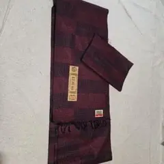 赤と黒のチェック柄生地　結城紬