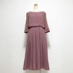 レース袖プリーツドレスワンピース ピンク L 結婚式 パーティー お呼ばれ
