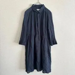 ロペピクニック シャツワンピース Ｍ ウエストゴム ひざ丈 長袖 比翼ボタン 紺