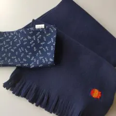 ネイビー フリース マフラー ゆうちょ金魚の刺繍　トンボ柄の濃紺ハンカチ