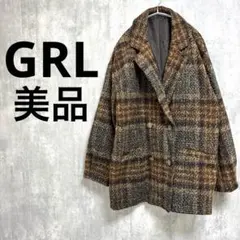 GRL チェック柄ダブルボタンコート ミドル ゆったり 大きめ ブラウン 茶色